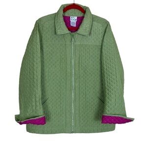 Quacker Factory Vintage Quilted Silk Rhinestone Zip-up Jacket Contrasting Cuffs